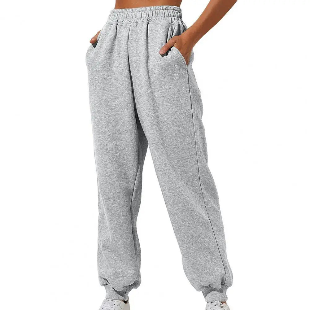 Women Pants High Elastic Waist Solid Color Casual Pants Soft Warm Pockets Loose Spring Fall Sweatpants Jogging Trousers 여성용 긴 바지