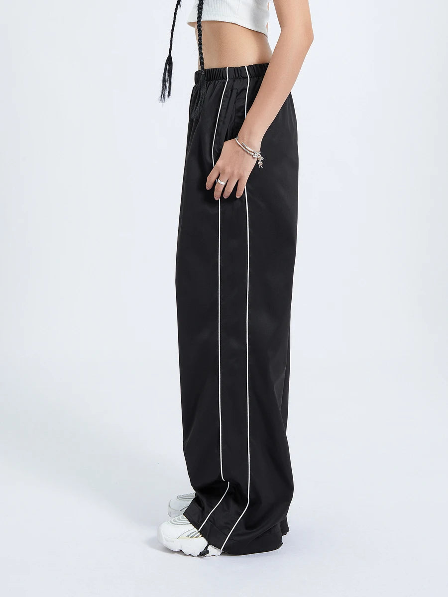 Women Loose Cargo Pants Casual y2k Solid Color Black Elastic Waist Wide Leg Joggers Trousers with Pockets for 2000s Streetwear