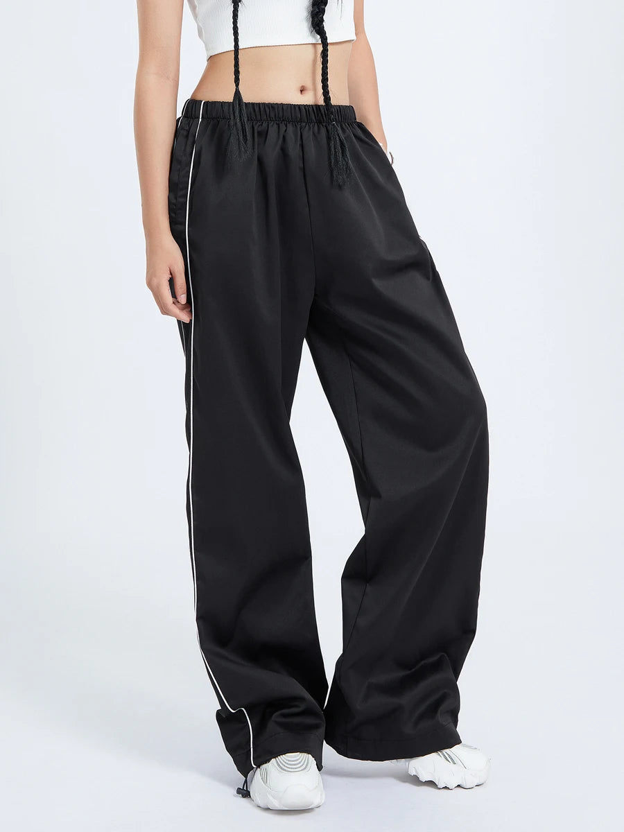 Women Loose Cargo Pants Casual y2k Solid Color Black Elastic Waist Wide Leg Joggers Trousers with Pockets for 2000s Streetwear