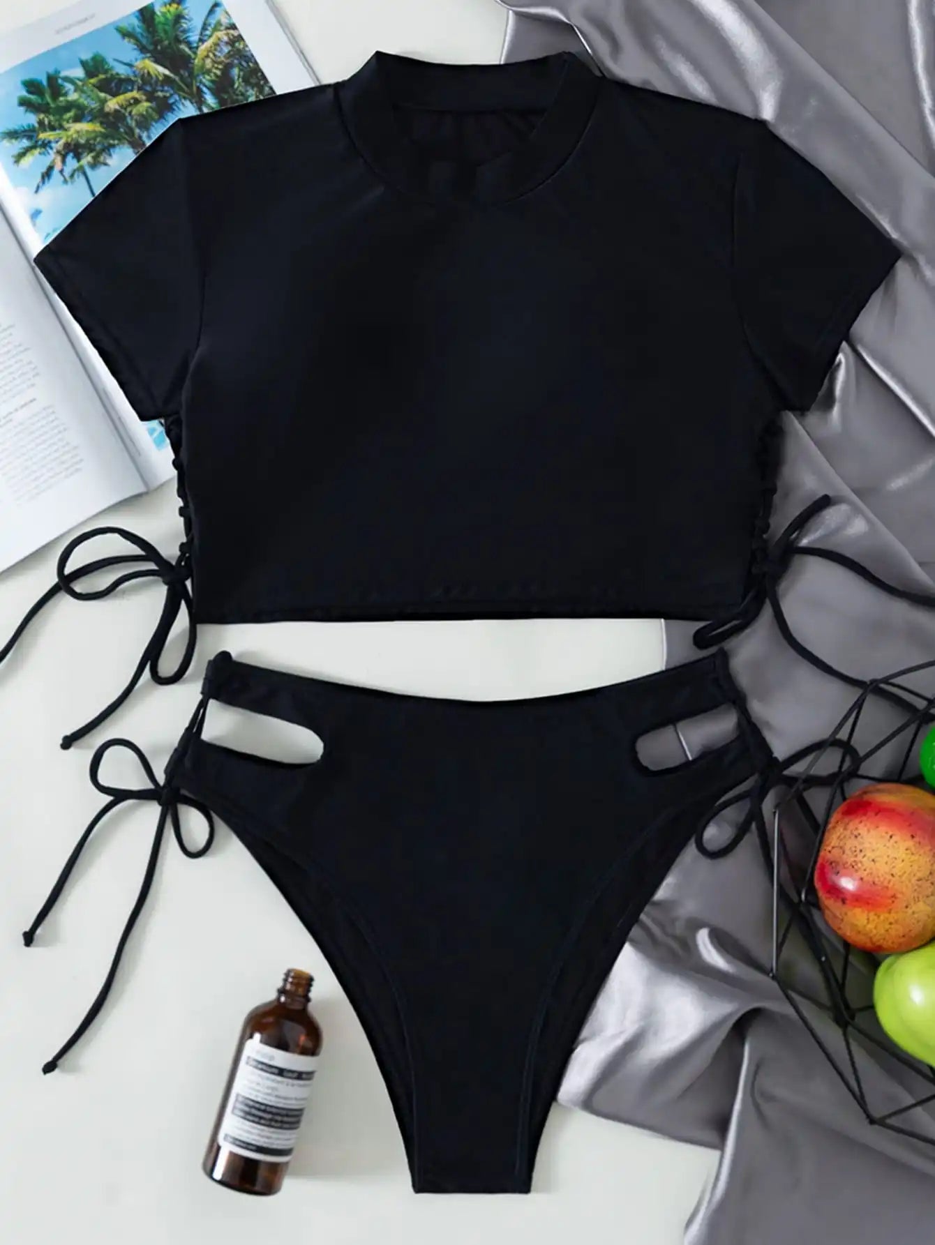 High Neck Bikini 2025 Women Swimsuit Solid Drawstring Swimwear Female Beachwear Bathers Bathing Swimming Suit Summer