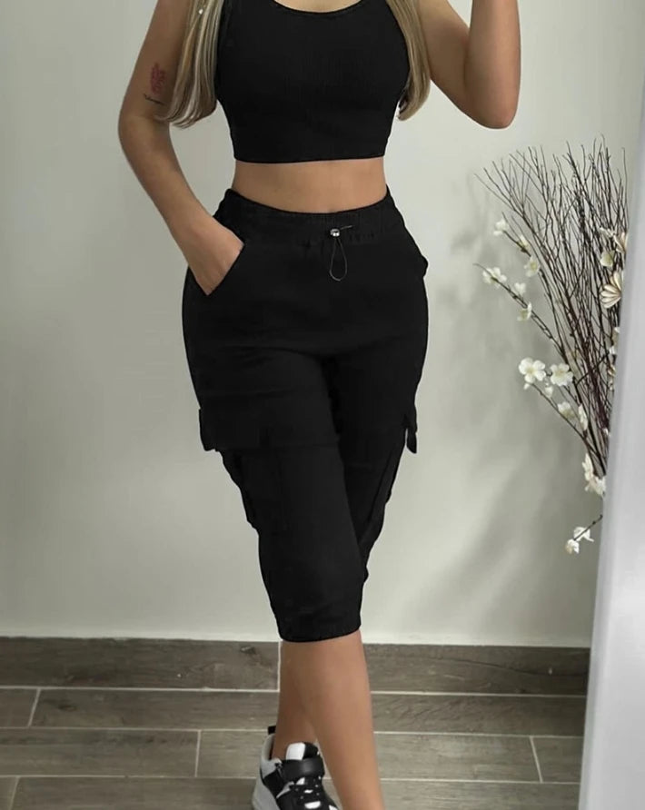 Women's Pants 2024 Summer Fashion Pocket Design Cuffed Drawstring Casual Plain High Waist Skinny Daily Knee-Length Pants