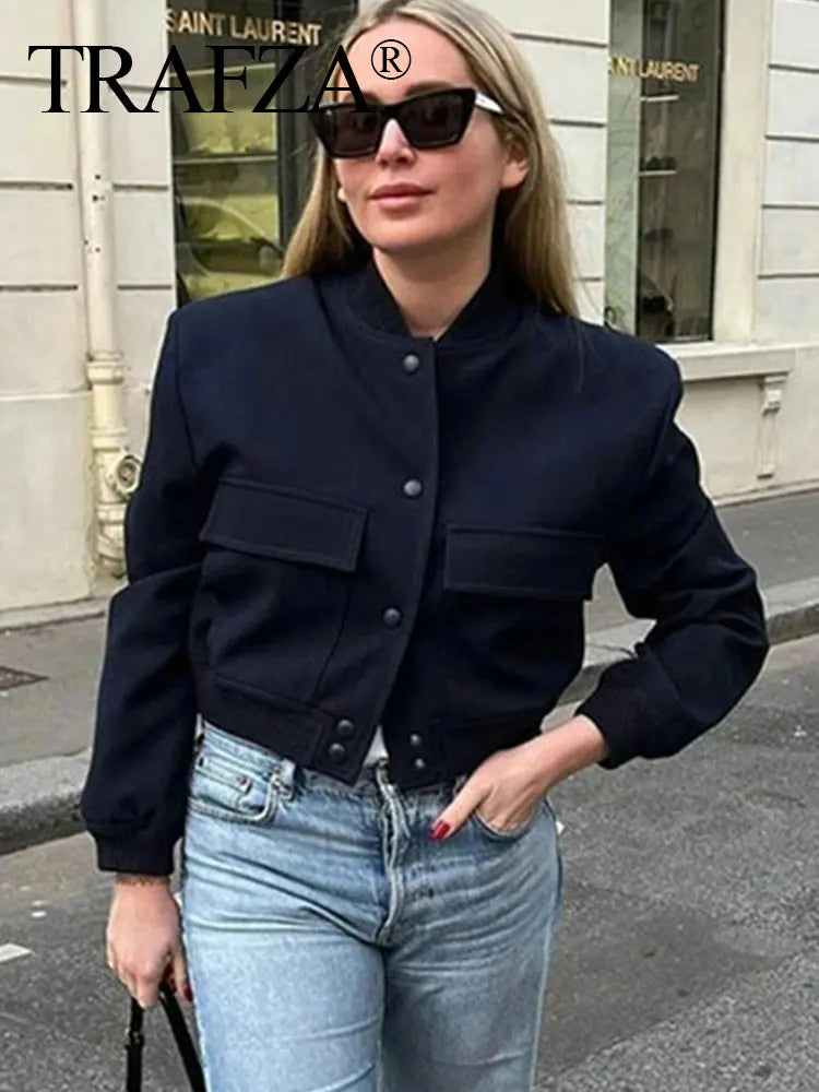 TRAFZA 2024 Woman Solid Bomber Jacket Long Sleeves Loose Single Breasted Cardigan Female Commute Streetwear Women's New In Coat