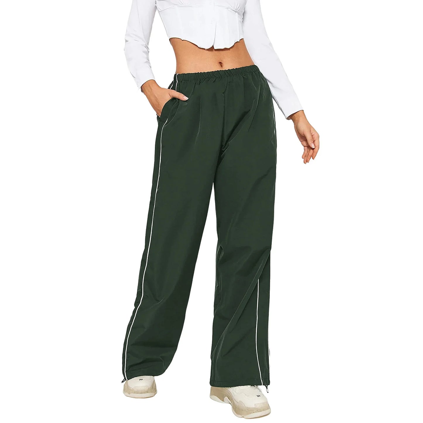 Women Loose Cargo Pants Casual y2k Solid Color Black Elastic Waist Wide Leg Joggers Trousers with Pockets for 2000s Streetwear