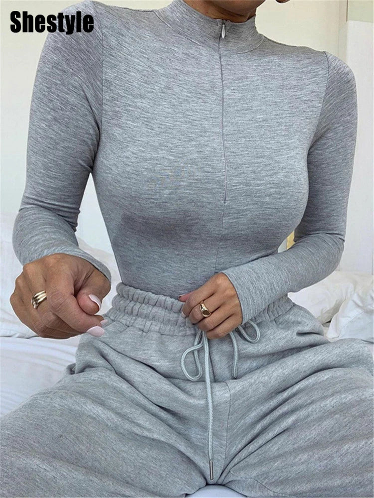Shestyle Solid Zipper Bodycon Bodysuits Women Sexy Mock Neck Autumn Long Sleeve Fashion Slim Basic Body Winter Gray Outfits Lady