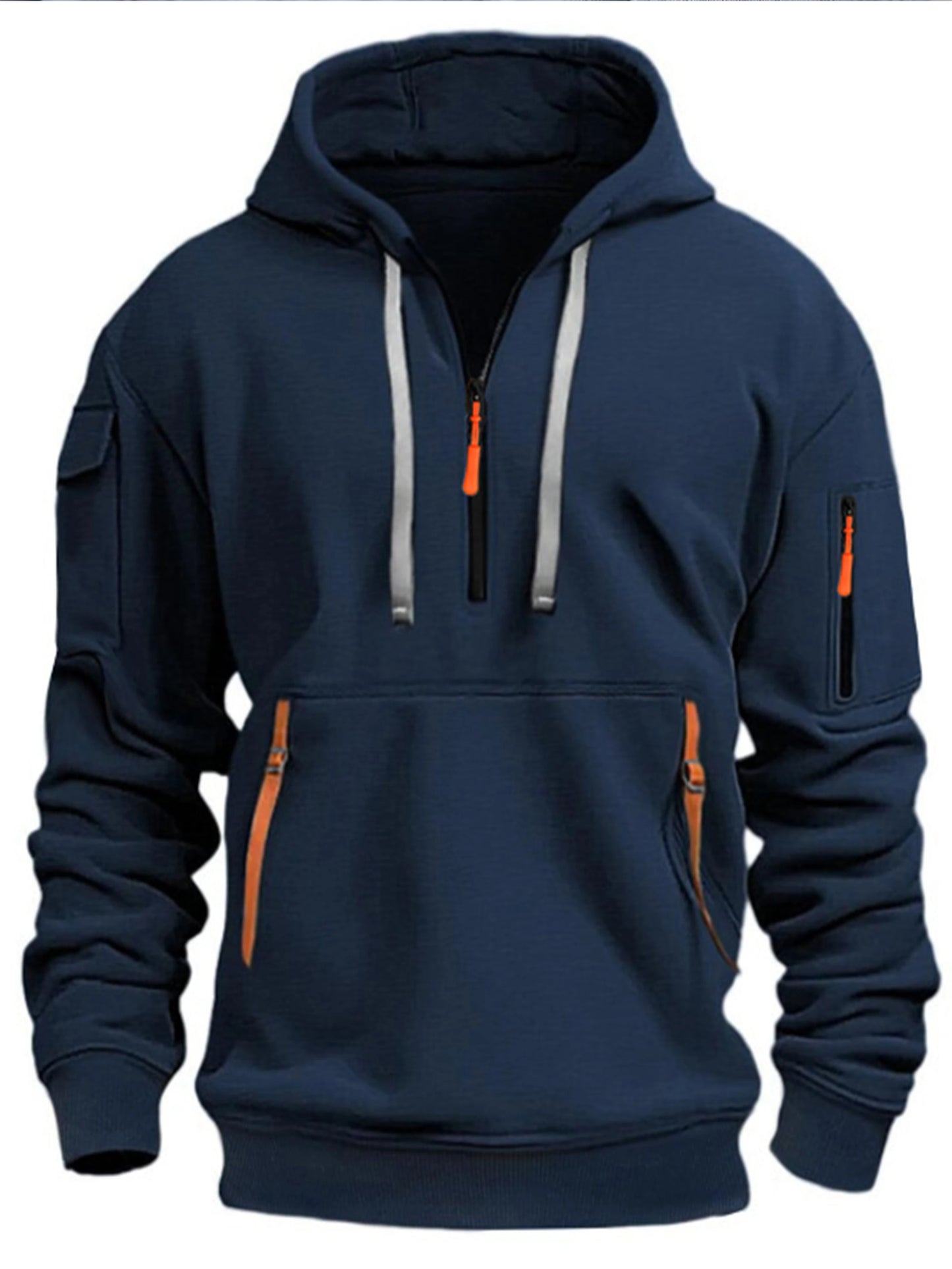 Men's casual sports hoodie, spring and autumn fashion arm pocket pull rope hooded solid color loose long-sleeved blouse pullover