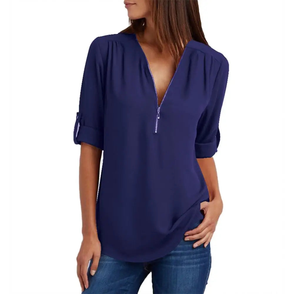 Loose Shirt Blouse Casual Solid Color Office Lady Sexy Zipper V Neck Half Sleeve Blouse