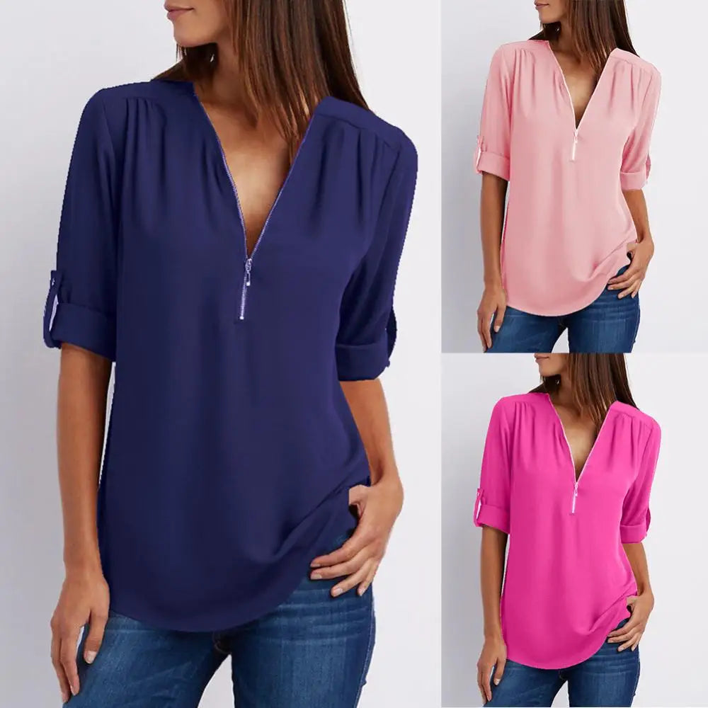 Loose Shirt Blouse Casual Solid Color Office Lady Sexy Zipper V Neck Half Sleeve Blouse