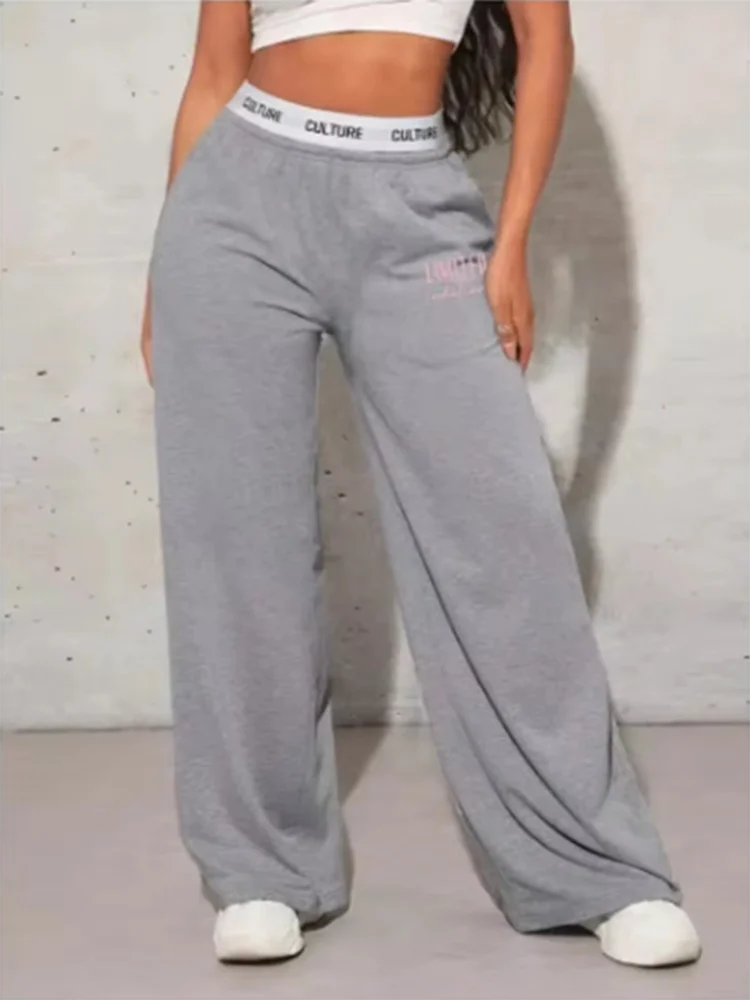 Autumn High Waisted Slightly Elastic Pants Gray Letter Printed Sports Pants Casual Outdoor Women's Versatile Wide Leg Pants