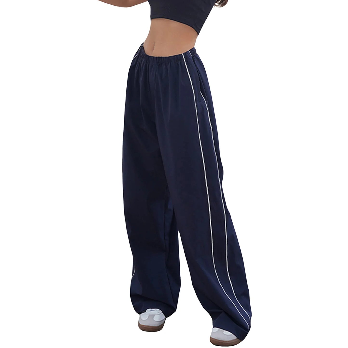 Women Loose Cargo Pants Casual y2k Solid Color Black Elastic Waist Wide Leg Joggers Trousers with Pockets for 2000s Streetwear