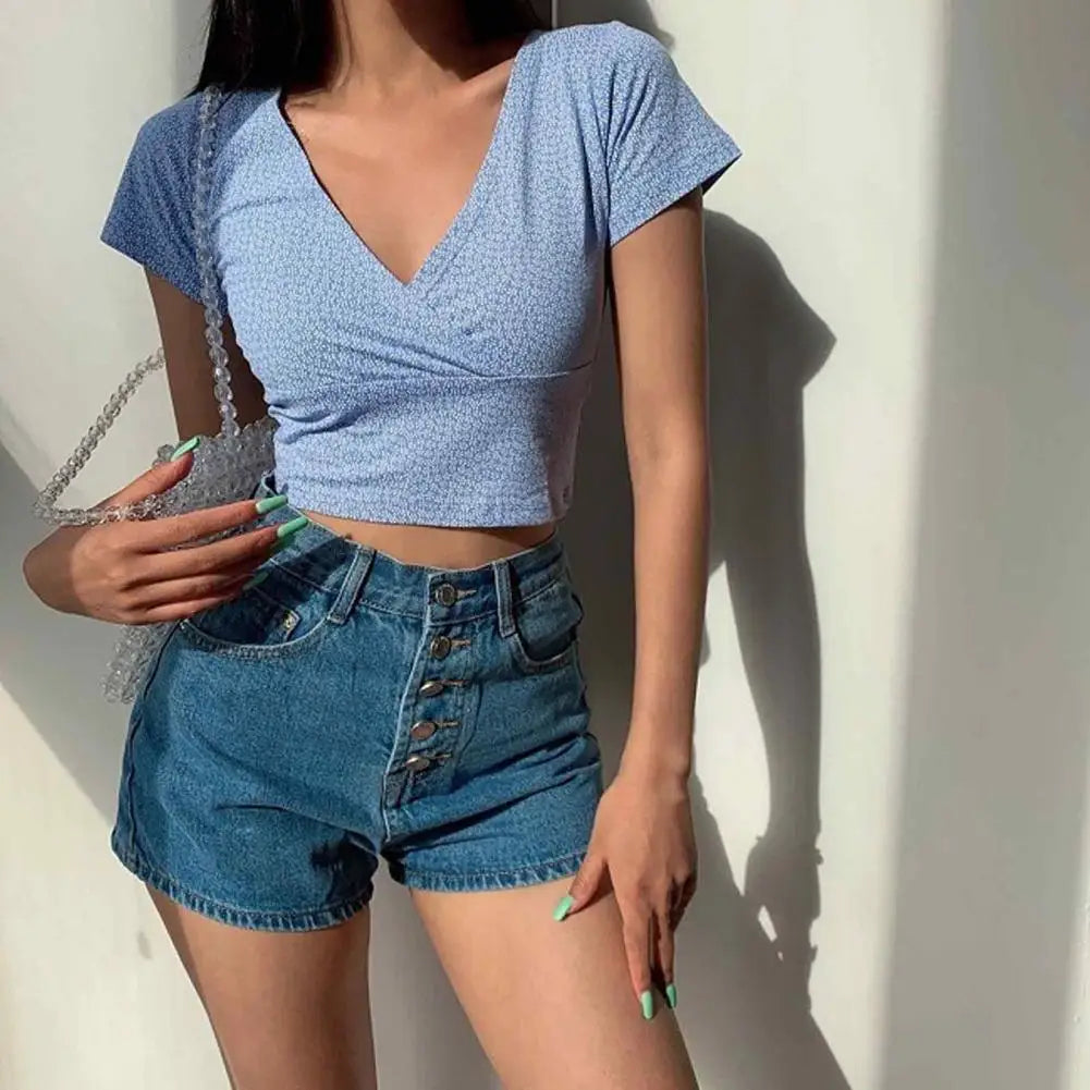 Women Blouse Retro Slim V Neck Tee Shirt Summer Top With Small Flower Print Waist-exposed Pullover Blouse
