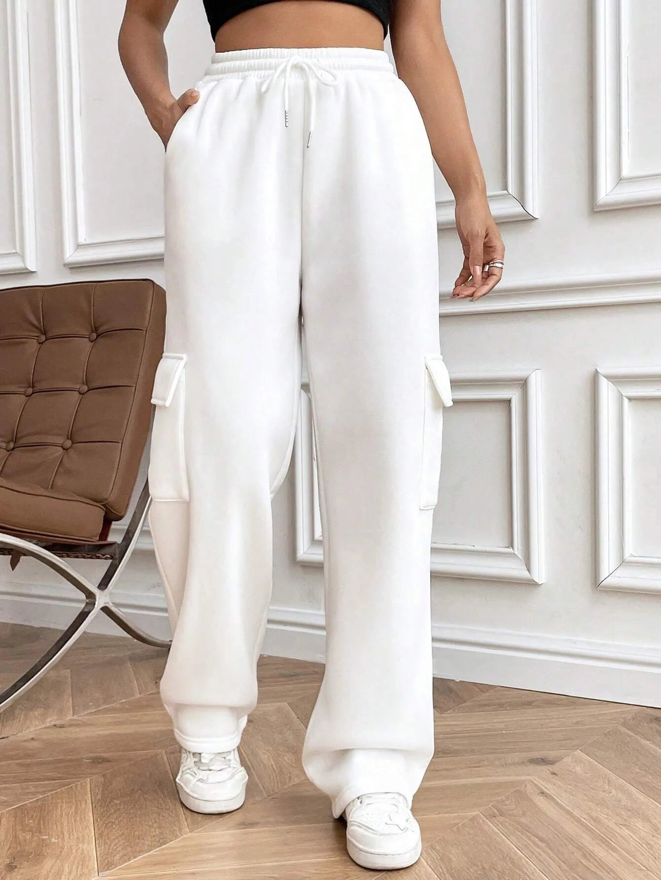 Women Gery Straight Leg Guard Pants Pockets Casual Elastic Waist With Drawstring 2024 Autumn Spring Black Trousers Pantalon