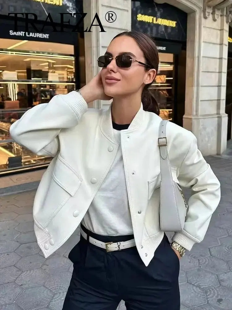 TRAFZA 2024 Woman Solid Bomber Jacket Long Sleeves Loose Single Breasted Cardigan Female Commute Streetwear Women's New In Coat