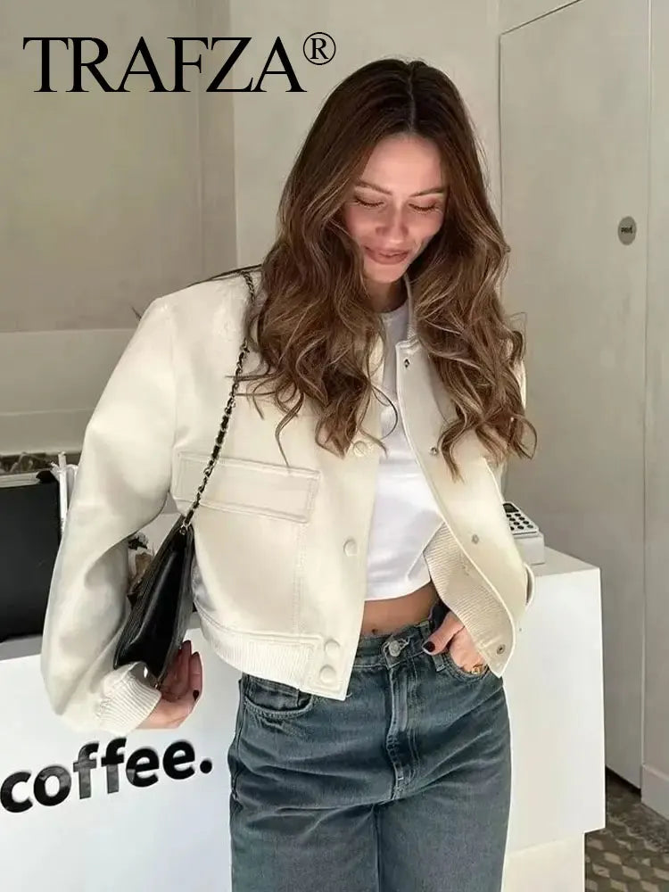 TRAFZA 2024 Woman Solid Bomber Jacket Long Sleeves Loose Single Breasted Cardigan Female Commute Streetwear Women's New In Coat