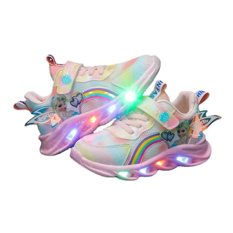 Disney Girls' Casual Shoes Led Lights Mesh Breathable Children's Sports Princess Elsa Pink Purple Shoes Sneakers Size 22-35