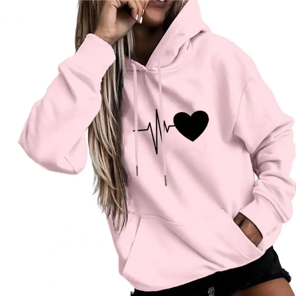 Dropshipping!! New Arrival Women Hoodie Drawstring Warm Pullover Heart Print Spring Hoodie