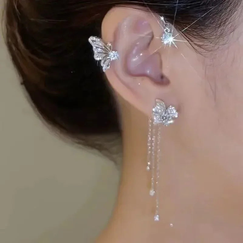 Silver Color Plated Metal Butterfly Ear Clips Without Piercing for Women Sparkling Zircon Ear Cuff Clip Earrings Wedding Jewelry