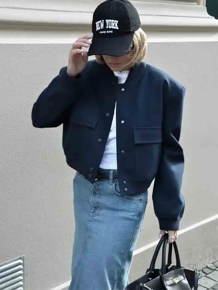 New Spring Bomber Jacket For Women Solid Stand Collar Long Sleeve Racing Jackets Female Fashion Pockets Lady Street Coats Tops