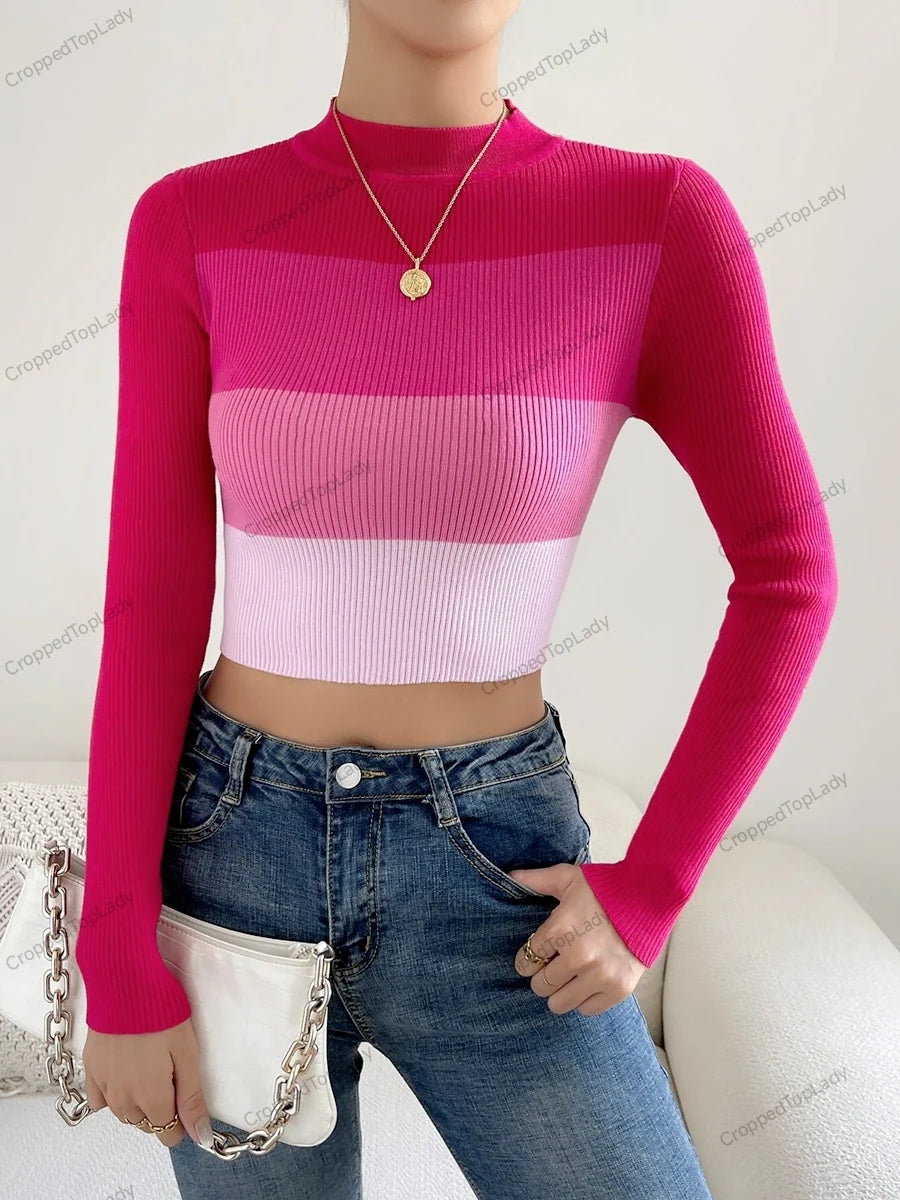 Winter To Spring Women Crop Colorblock Turtleneck Ribbed Long Sleeve Pull Sweater Femme Knitwear Jumper Outfits Pullovers