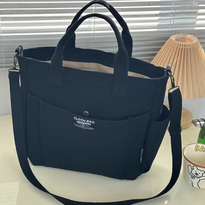 Urban Minimalist Female Student Large Capacity Commuting Horizontal Canvas Single Shoulder Diagonal Cross Portable Eco Bag