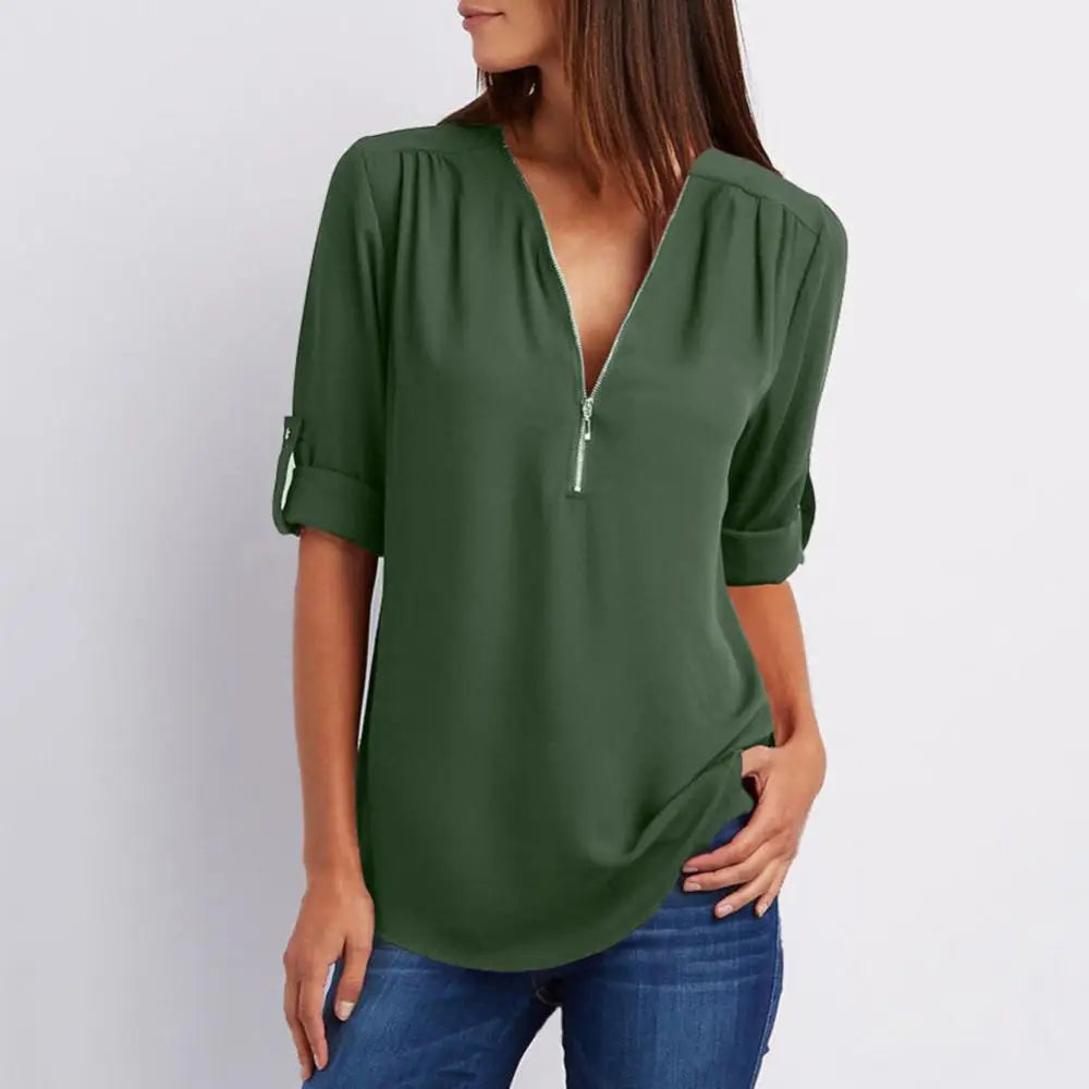 Loose Shirt Blouse Casual Solid Color Office Lady Sexy Zipper V Neck Half Sleeve Blouse