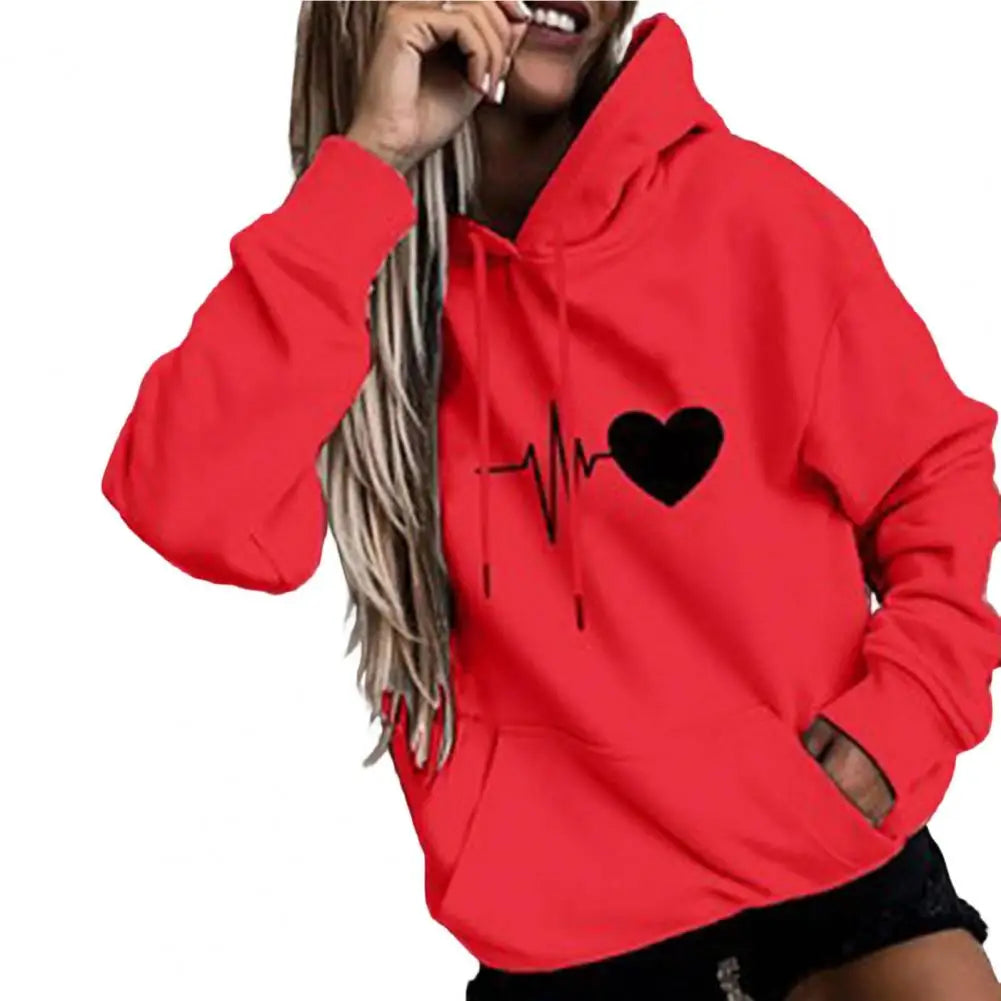 Dropshipping!! New Arrival Women Hoodie Drawstring Warm Pullover Heart Print Spring Hoodie