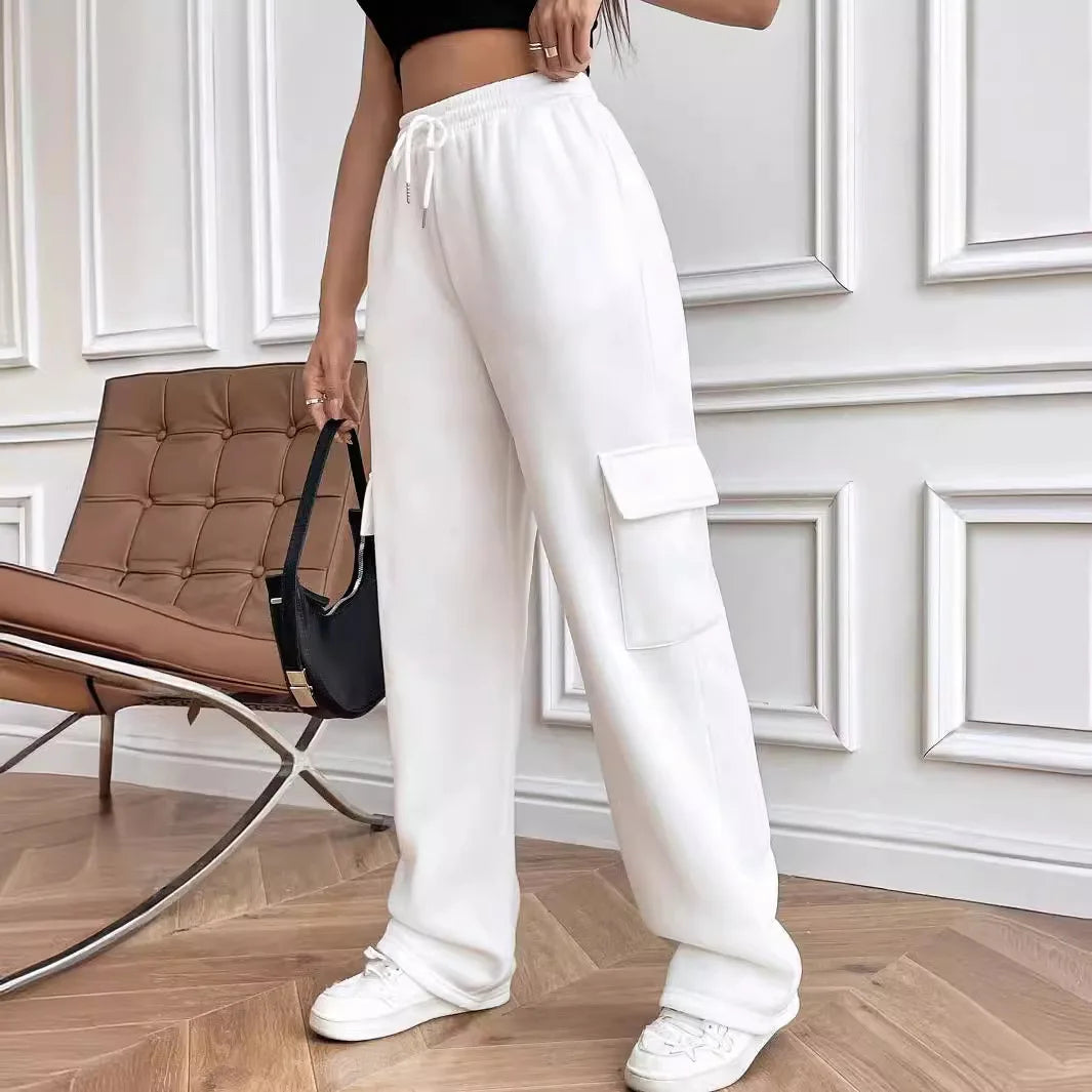 Women Gery Straight Leg Guard Pants Pockets Casual Elastic Waist With Drawstring 2024 Autumn Spring Black Trousers Pantalon