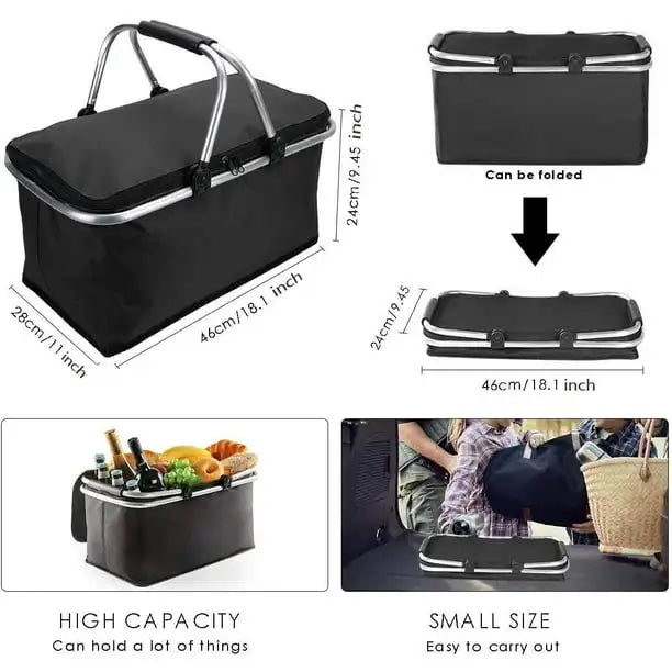 Outdoor Picnic Bag Large Insulated Picnic Bag with Aluminium Handle Water Resistant Leakproof Collapsible Portable Cooler Basket