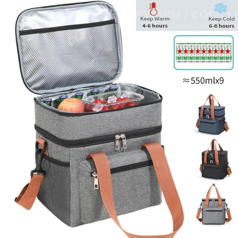 Large Capacity Double Layers Tote Cooler Lunch Bags,Thermal Insulation Picnic Bags,Waterproof Lunch Box with Shoulder Strap