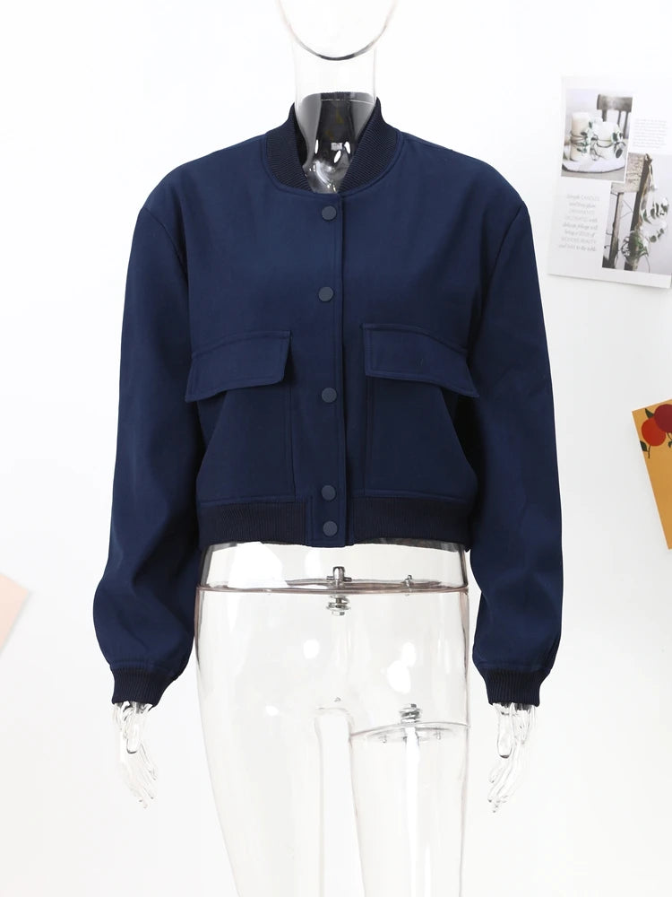New Spring Bomber Jacket For Women Solid Stand Collar Long Sleeve Racing Jackets Female Fashion Pockets Lady Street Coats Tops