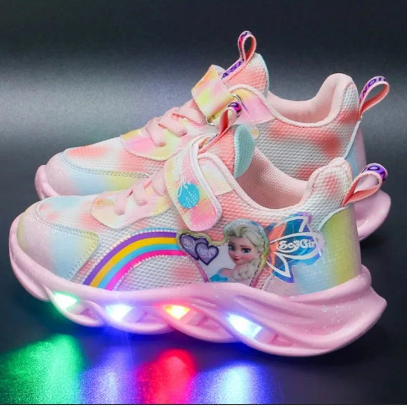 Disney Girls' Casual Shoes Led Lights Mesh Breathable Children's Sports Princess Elsa Pink Purple Shoes Sneakers Size 22-35