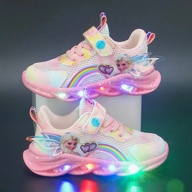 Disney Girls' Casual Shoes Led Lights Mesh Breathable Children's Sports Princess Elsa Pink Purple Shoes Sneakers Size 22-35