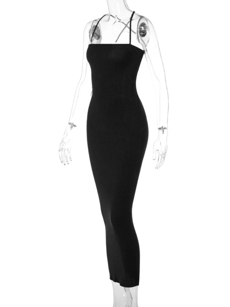 Sexy Cross Bandage Backless Rib Knitted Maxi Dress Women Spaghetti Strap Slim Bodycon Long Dress Elegant Club Party Vestidos
