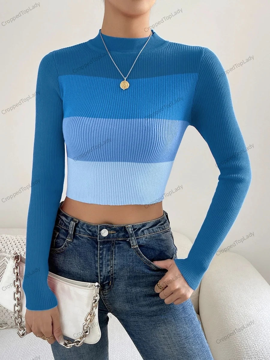 Winter To Spring Women Crop Colorblock Turtleneck Ribbed Long Sleeve Pull Sweater Femme Knitwear Jumper Outfits Pullovers