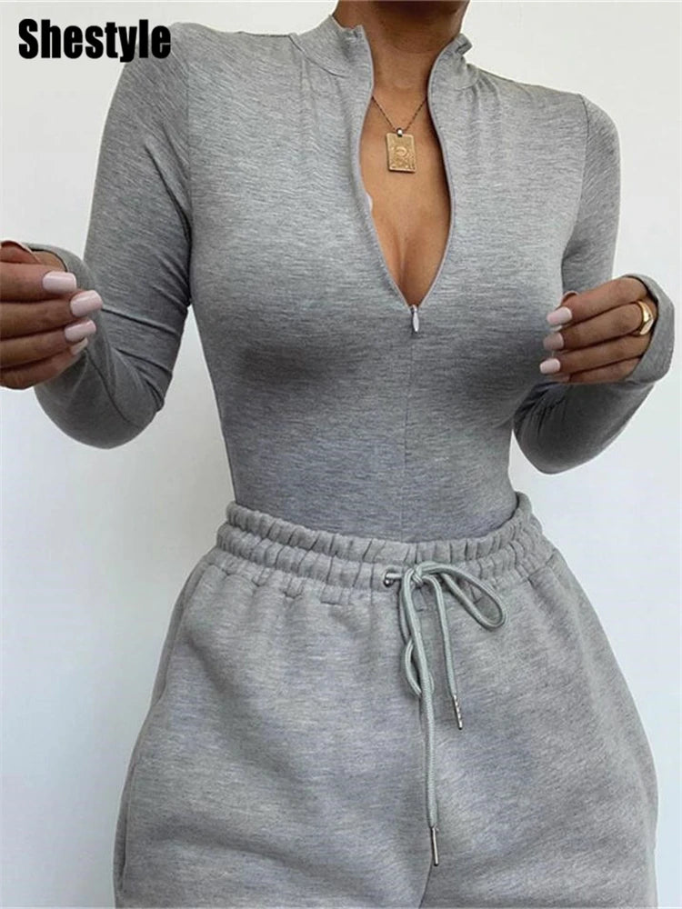 Shestyle Solid Zipper Bodycon Bodysuits Women Sexy Mock Neck Autumn Long Sleeve Fashion Slim Basic Body Winter Gray Outfits Lady