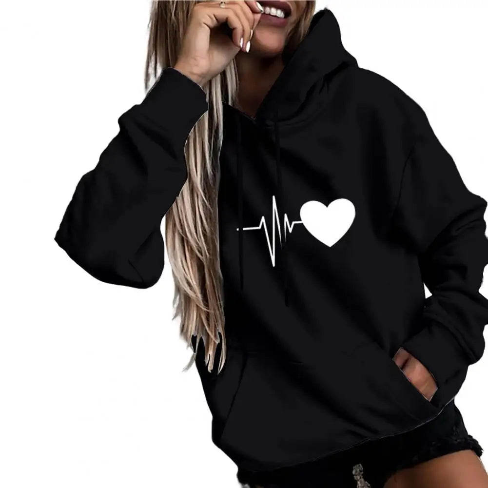 Dropshipping!! New Arrival Women Hoodie Drawstring Warm Pullover Heart Print Spring Hoodie