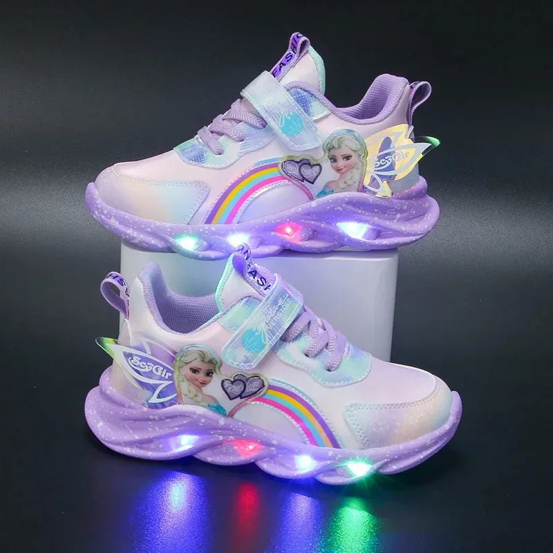 Disney Girls' Casual Shoes Led Lights Mesh Breathable Children's Sports Princess Elsa Pink Purple Shoes Sneakers Size 22-35