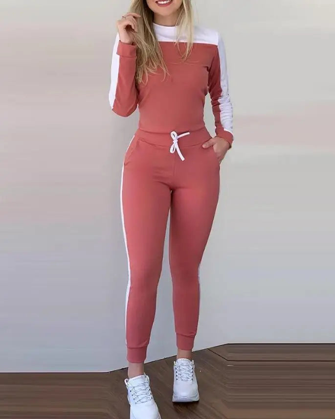 Sports Two Piece Set Women Outfit Autumn Colorblock Round Neck Long Sleeve Top & Slim Fit Elastic Waistband Lace-Up Trousers