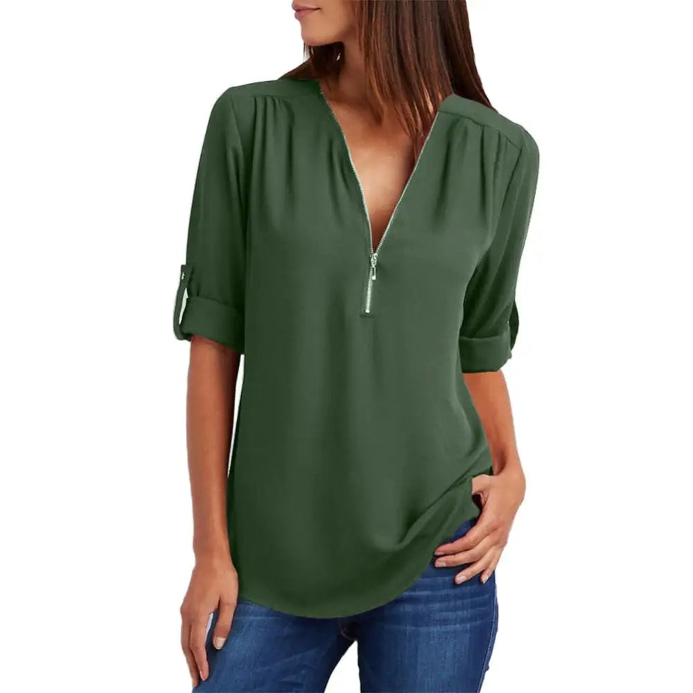 Loose Shirt Blouse Casual Solid Color Office Lady Sexy Zipper V Neck Half Sleeve Blouse