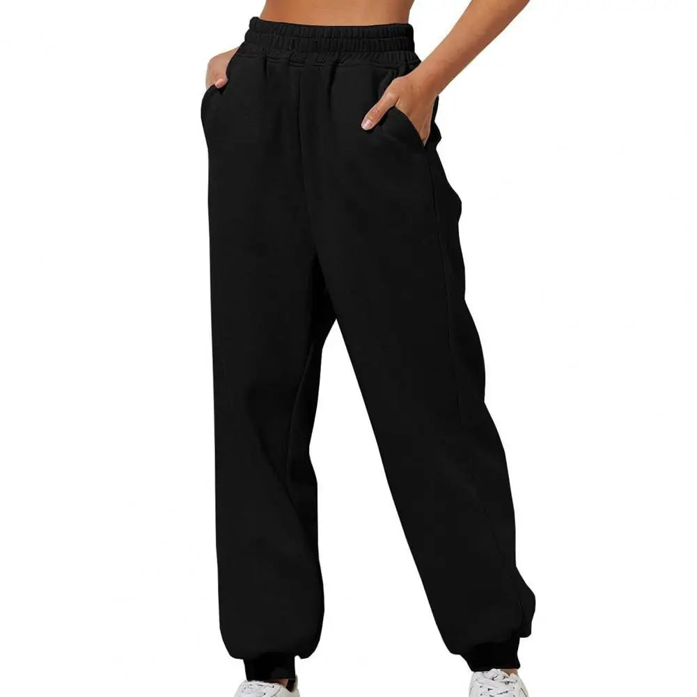 Women Pants High Elastic Waist Solid Color Casual Pants Soft Warm Pockets Loose Spring Fall Sweatpants Jogging Trousers 여성용 긴 바지