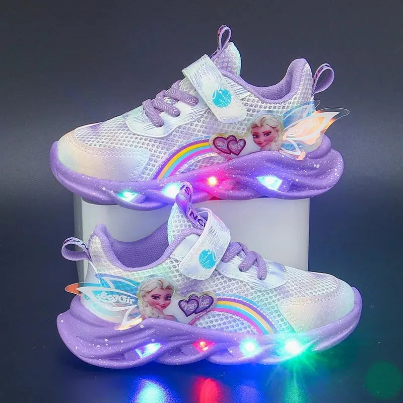 Disney Girls' Casual Shoes Led Lights Mesh Breathable Children's Sports Princess Elsa Pink Purple Shoes Sneakers Size 22-35