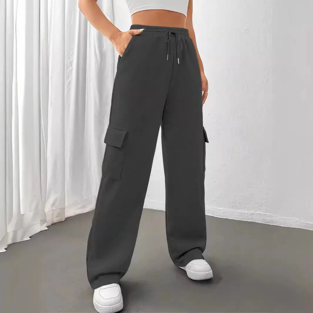 Women Gery Straight Leg Guard Pants Pockets Casual Elastic Waist With Drawstring 2024 Autumn Spring Black Trousers Pantalon