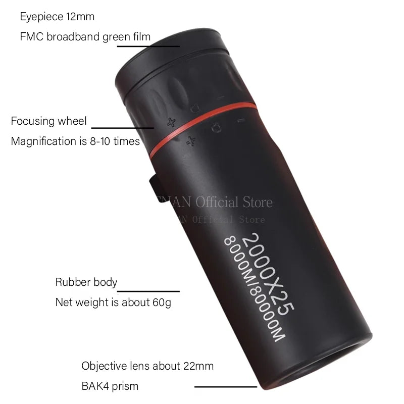 2000x25 Long Range HD Professional Adult Monocular and Mini Portable Telescope for outdoor camping and hunting