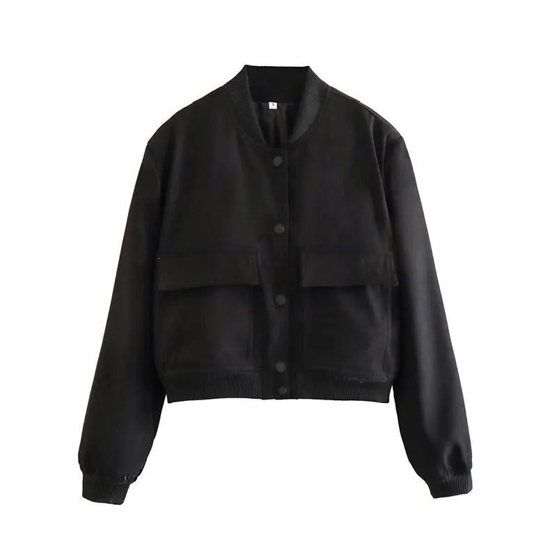 New Spring Bomber Jacket For Women Solid Stand Collar Long Sleeve Racing Jackets Female Fashion Pockets Lady Street Coats Tops