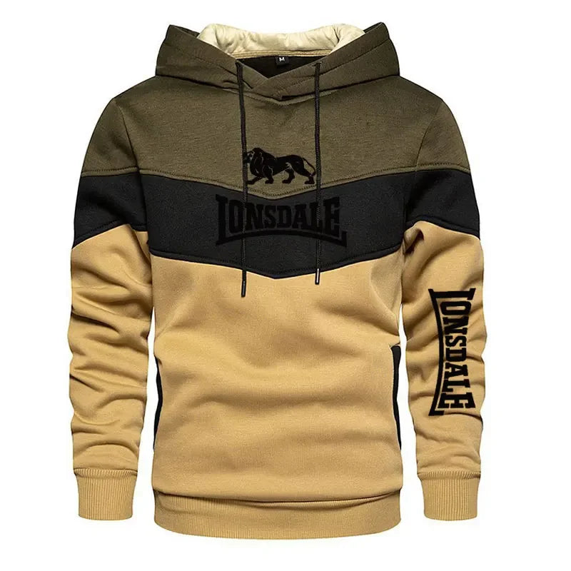 Men's Patchwork Hoodie Outdoor Casual Sportswear Street Fashion Men's Fleece Thermal Hooded Sweatshirt Fall Winter Black