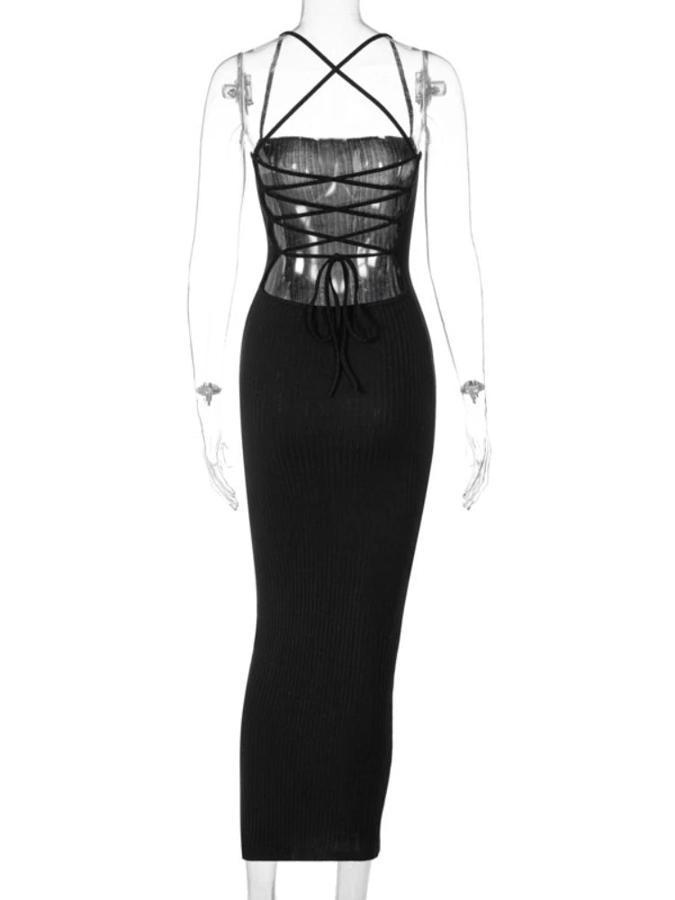 Sexy Cross Bandage Backless Rib Knitted Maxi Dress Women Spaghetti Strap Slim Bodycon Long Dress Elegant Club Party Vestidos
