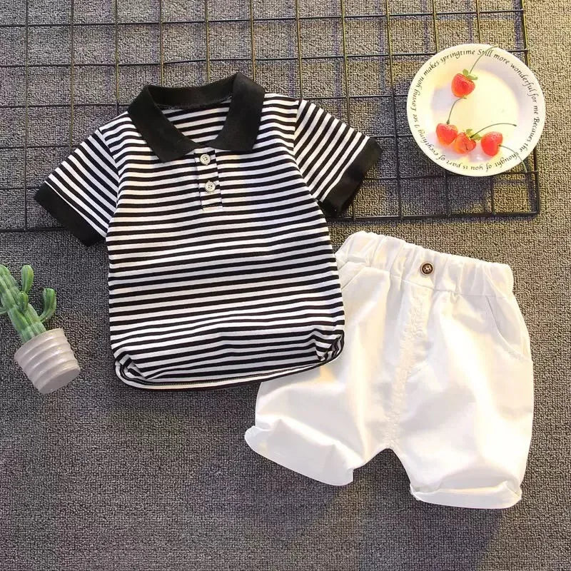 2025 Summer Baby Boys Clothing Set Cotton Striped Polo T-Shirt Shorts 2Pcs Casual Suit Toddler Boys Outfits Kids Tracksuits
