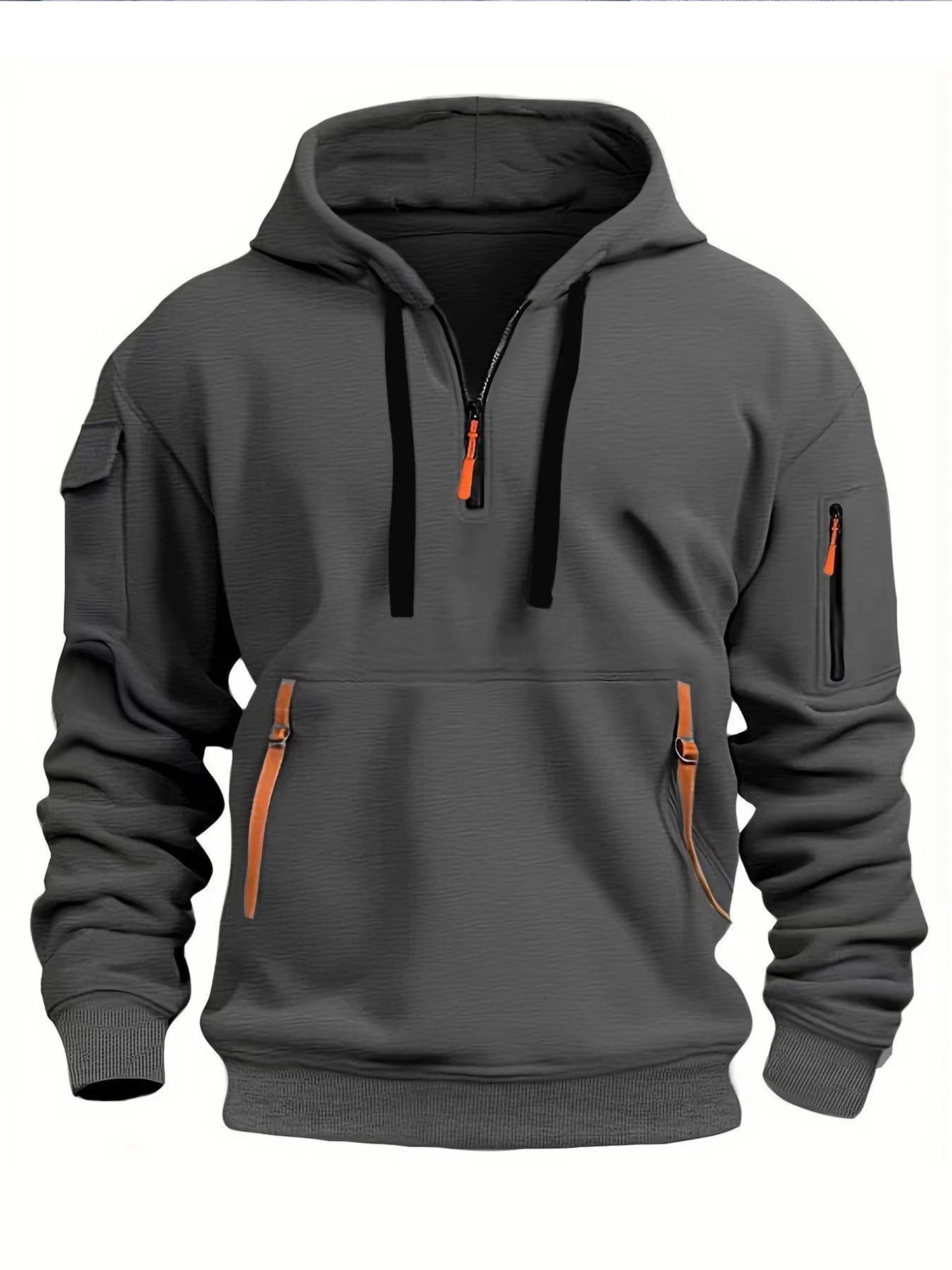 Men's casual sports hoodie, spring and autumn fashion arm pocket pull rope hooded solid color loose long-sleeved blouse pullover
