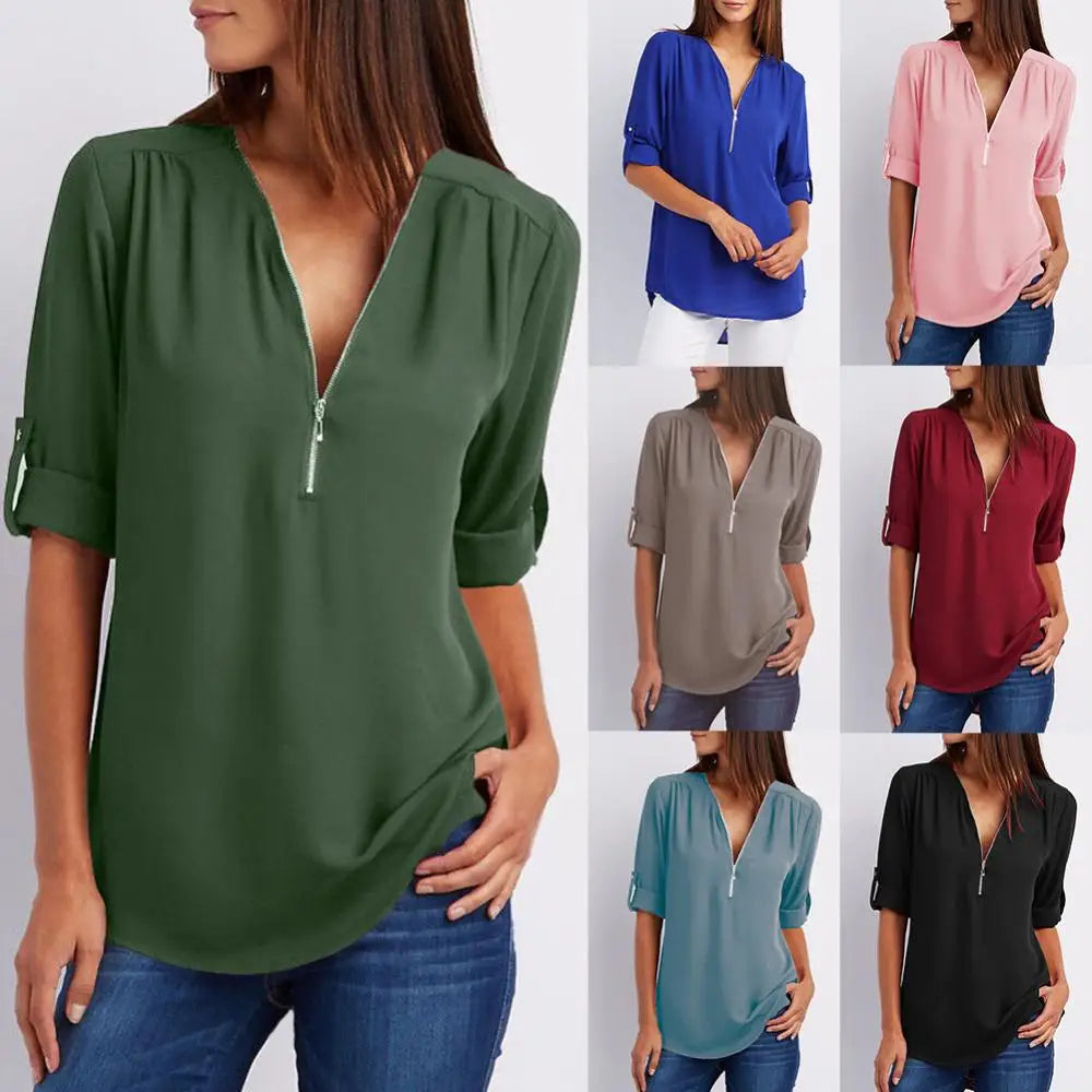 Loose Shirt Blouse Casual Solid Color Office Lady Sexy Zipper V Neck Half Sleeve Blouse