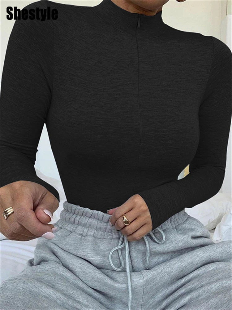 Shestyle Solid Zipper Bodycon Bodysuits Women Sexy Mock Neck Autumn Long Sleeve Fashion Slim Basic Body Winter Gray Outfits Lady