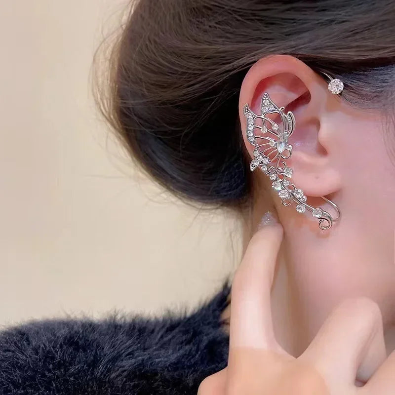 Silver Color Plated Metal Butterfly Ear Clips Without Piercing for Women Sparkling Zircon Ear Cuff Clip Earrings Wedding Jewelry